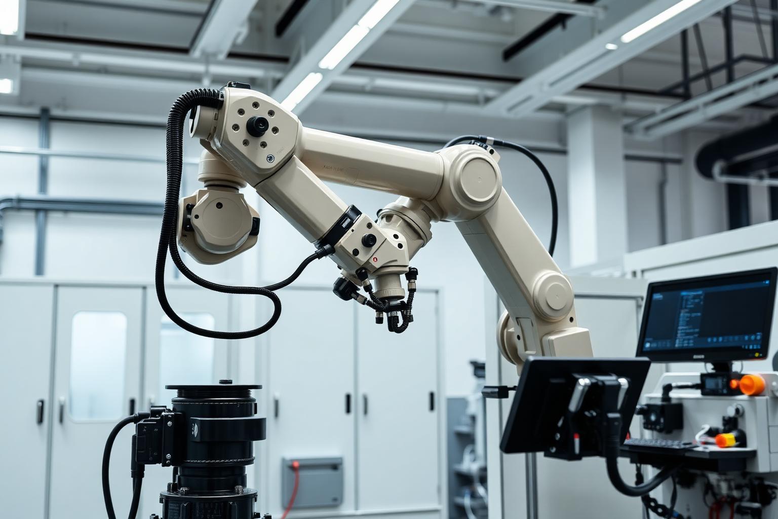 Bras robot industriel intégré sur poste de production